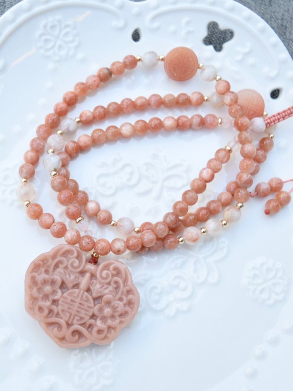 Flora Ruyi Lock Pendant Sunstone Beaded Necklace - Pink Quartz Jade